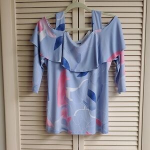Clara Sun Woo Light Blue Pink & Navy Floral Cold-Shoulder Ruffle Top